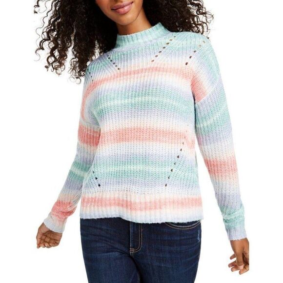 Juniors Sweater Top XS Blue Pink Striped Mock-Neck‎ - Picture 5 of 5
